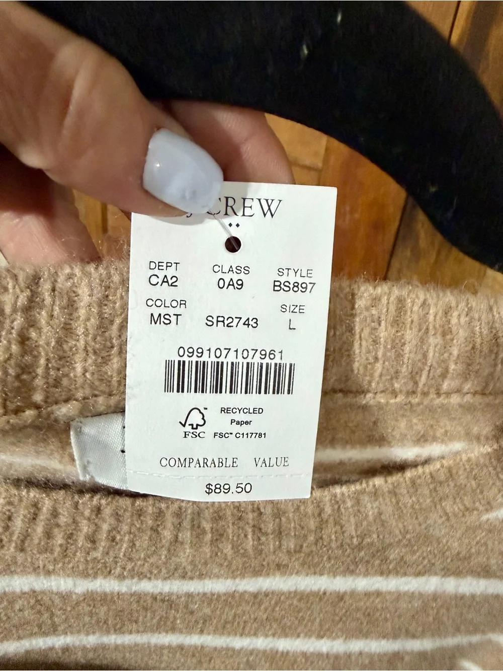 NWT – J.Crew Factory – Crewneck Sweater – Extra-Soft Striped – Camel Ivory – Sz.